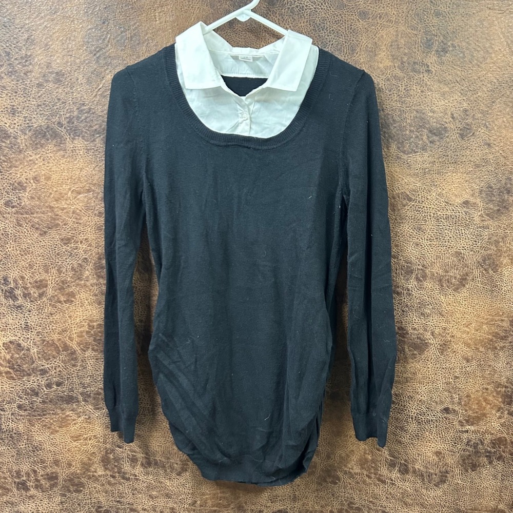 Motherhood Maternity Medium Black Sweater‎ White Faux Undershirt Collar